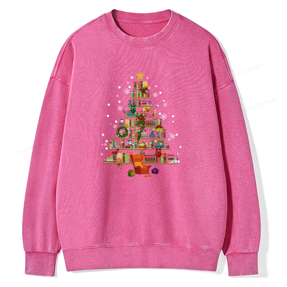 Pagewings Christmas Tree Made Of Books Unisex Washed Sweatshirt