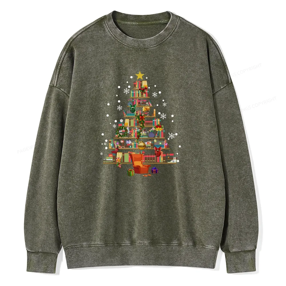 Pagewings Christmas Tree Made Of Books Unisex Washed Sweatshirt