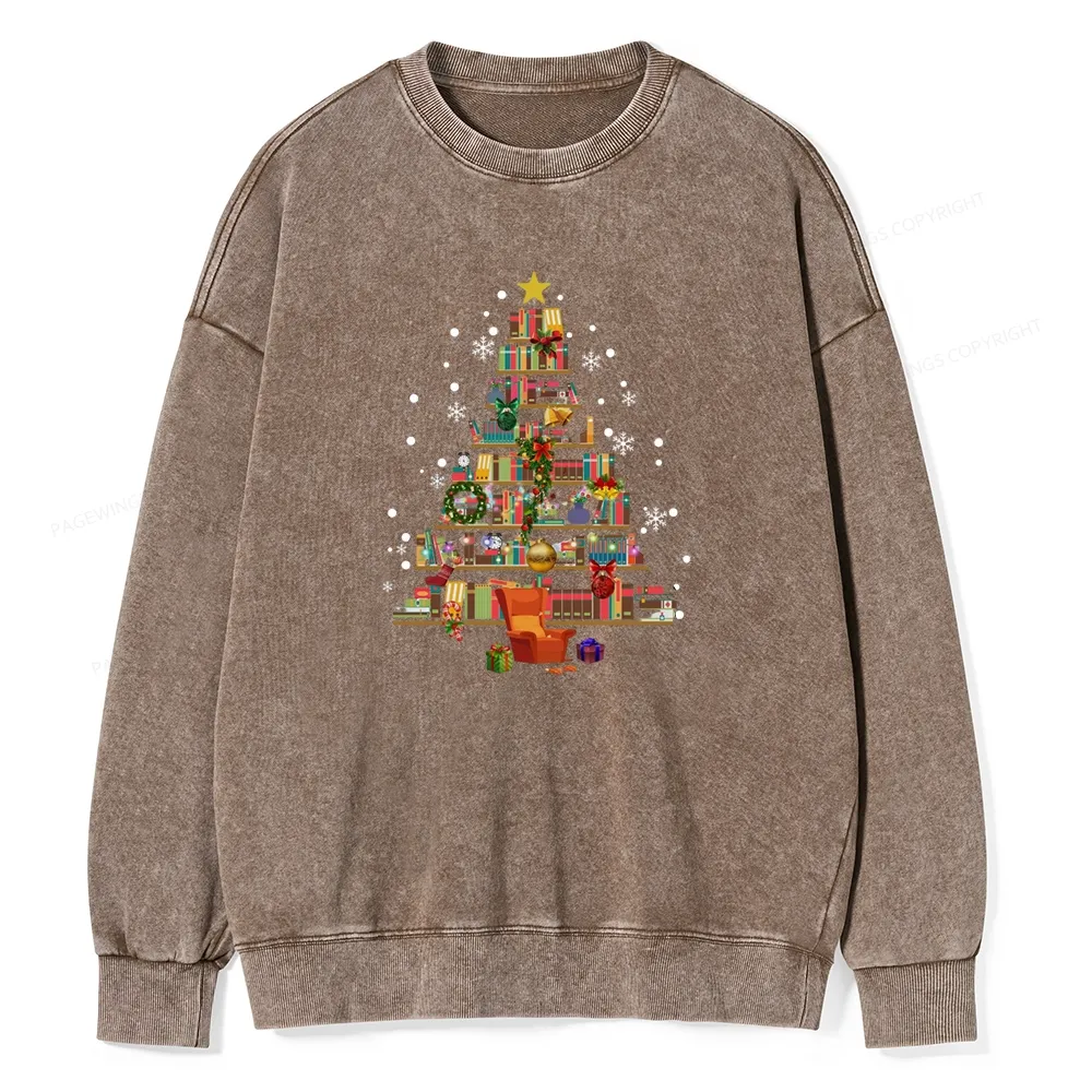 Pagewings Christmas Tree Made Of Books Unisex Washed Sweatshirt