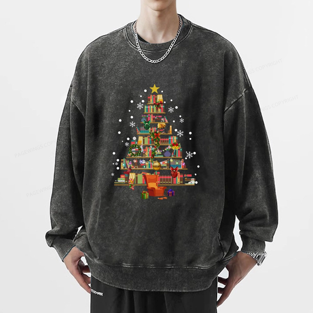Pagewings Christmas Tree Made Of Books Unisex Washed Sweatshirt