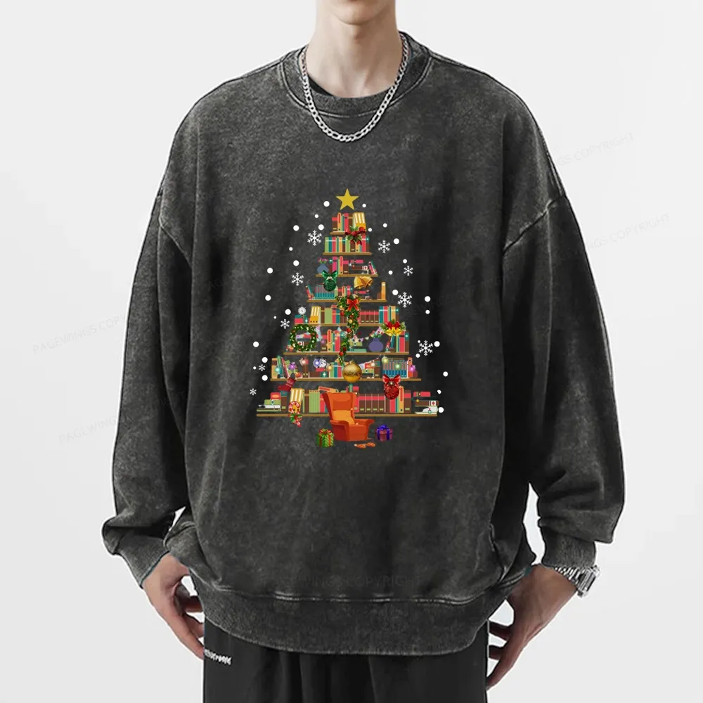 Pagewings Christmas Tree Made Of Books Unisex Washed Sweatshirt