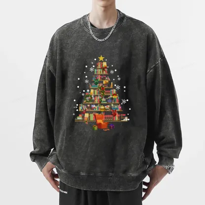 Pagewings Christmas Tree Made Of Books Unisex Washed Sweatshirt