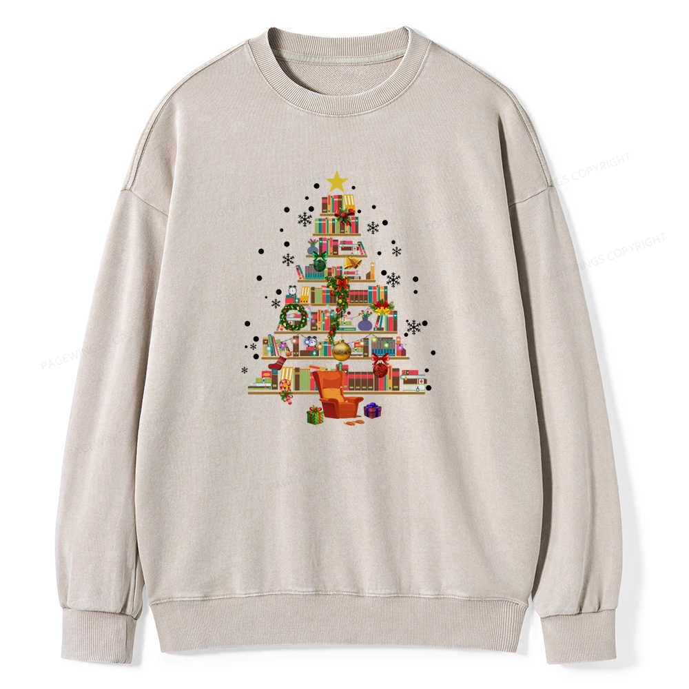 Pagewings Christmas Tree Made Of Books Unisex Washed Sweatshirt