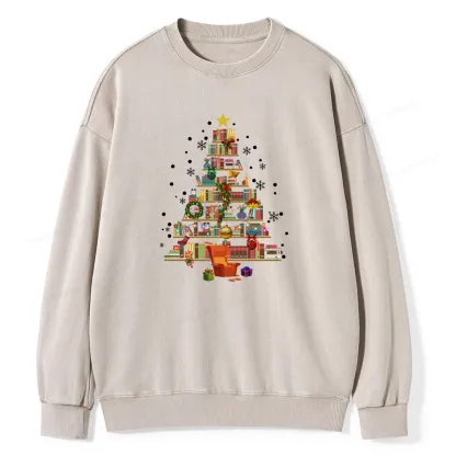 Pagewings Christmas Tree Made Of Books Unisex Washed Sweatshirt