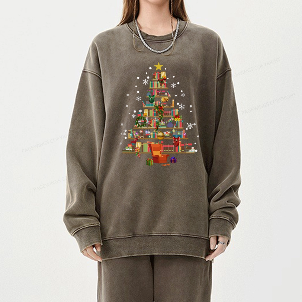Pagewings Christmas Tree Made Of Books Unisex Washed Sweatshirt