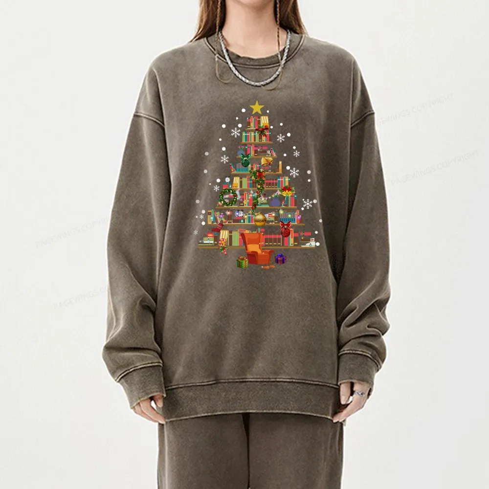 Pagewings Christmas Tree Made Of Books Unisex Washed Sweatshirt