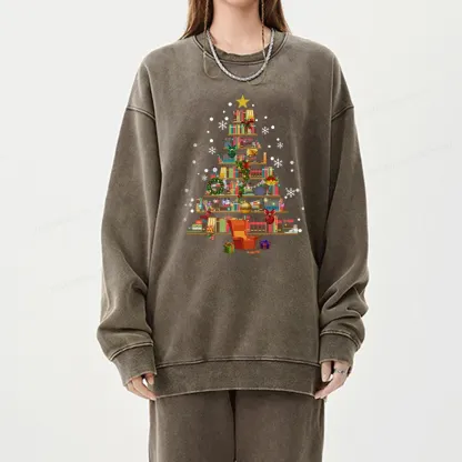Pagewings Christmas Tree Made Of Books Unisex Washed Sweatshirt