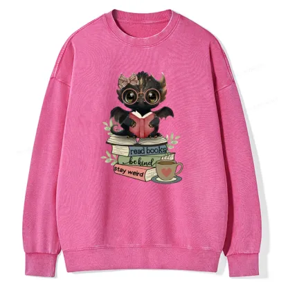 Pagewings Cute Dragon Read Books Be Kind Stay Weird Unisex Washed Sweatshirt