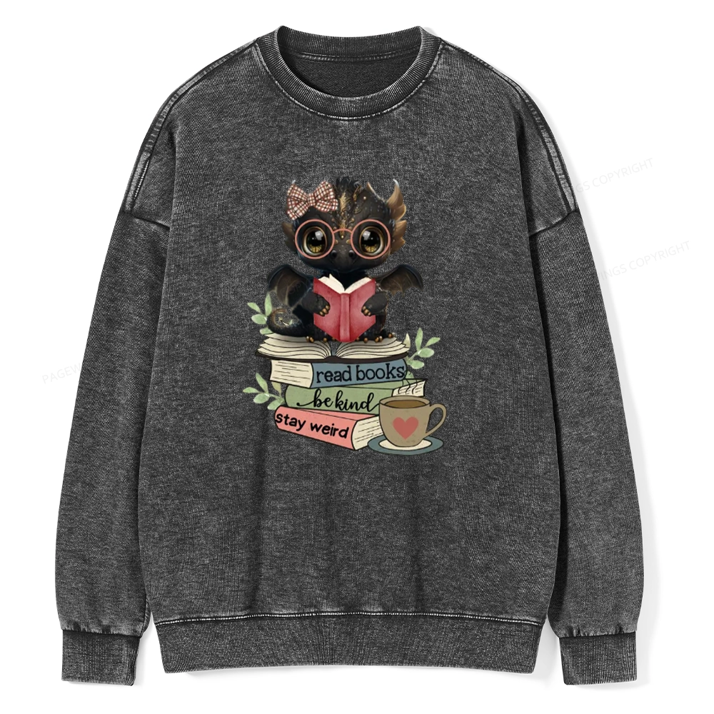 Pagewings Cute Dragon Read Books Be Kind Stay Weird Unisex Washed Sweatshirt