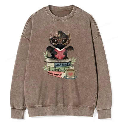 Pagewings Cute Dragon Read Books Be Kind Stay Weird Unisex Washed Sweatshirt