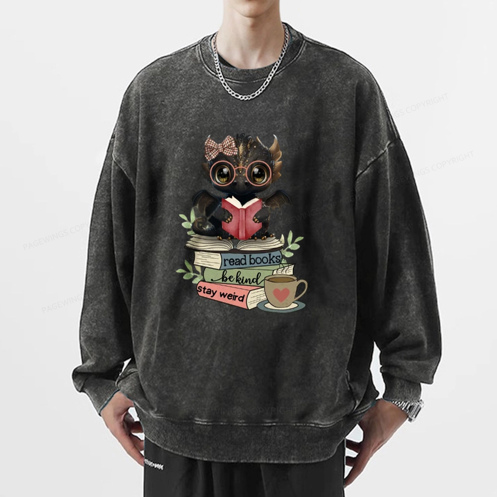 Pagewings Cute Dragon Read Books Be Kind Stay Weird Unisex Washed Sweatshirt