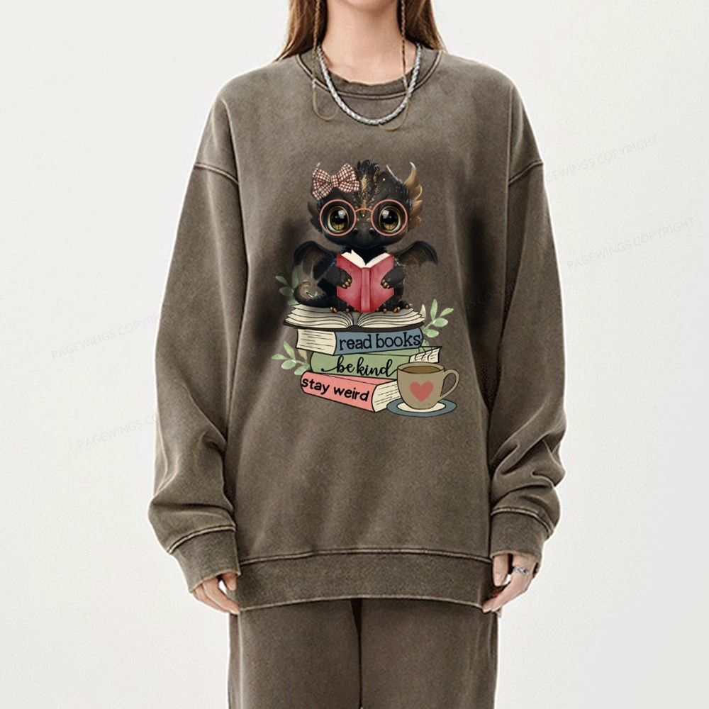 Pagewings Cute Dragon Read Books Be Kind Stay Weird Unisex Washed Sweatshirt