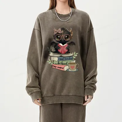 Pagewings Cute Dragon Read Books Be Kind Stay Weird Unisex Washed Sweatshirt