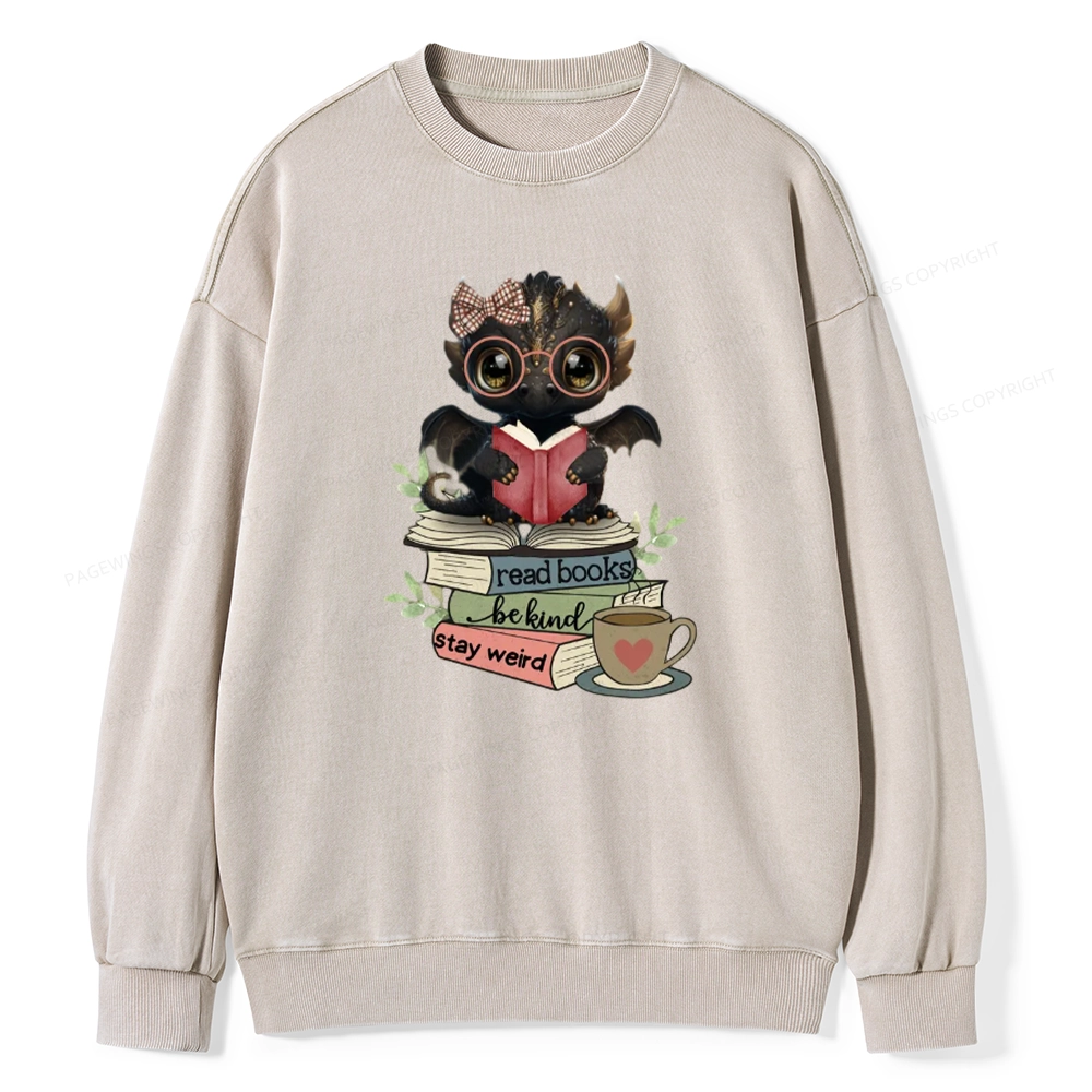 Pagewings Cute Dragon Read Books Be Kind Stay Weird Unisex Washed Sweatshirt