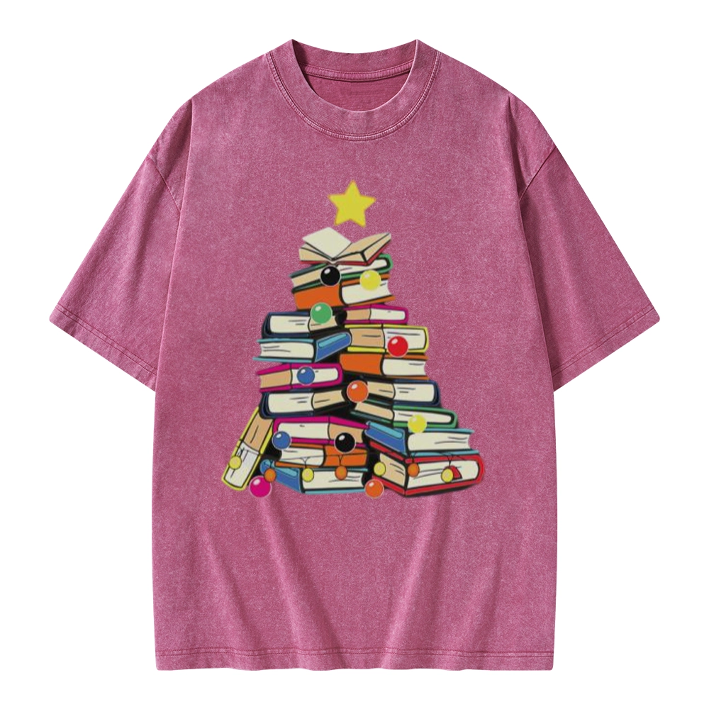 Pagewings Christmas Tree Bookworm Unisex Washed T-shirt