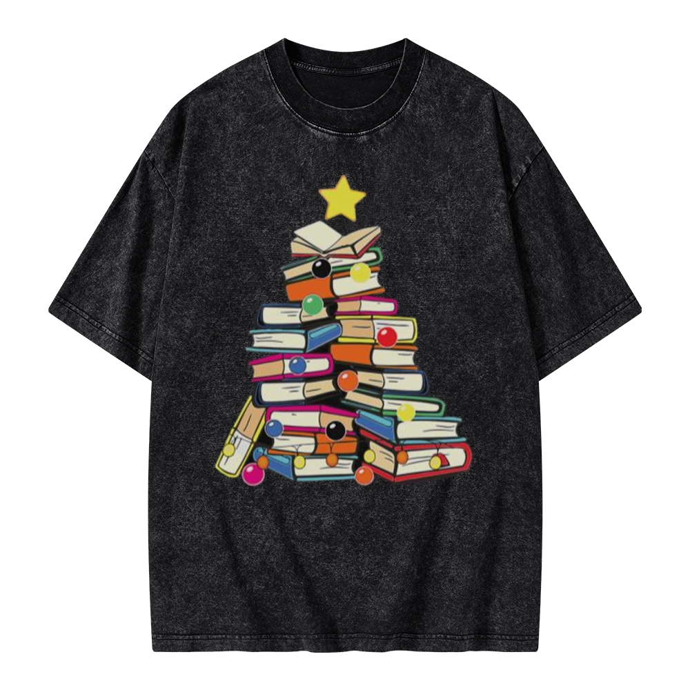 Pagewings Christmas Tree Bookworm Unisex Washed T-shirt