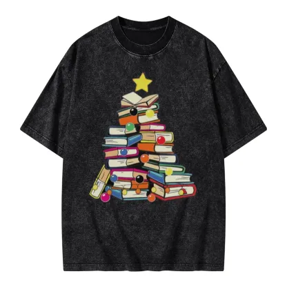 Pagewings Christmas Tree Bookworm Unisex Washed T-shirt