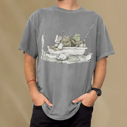 Pagewings Frog Reading Unisex Washed T-shirt