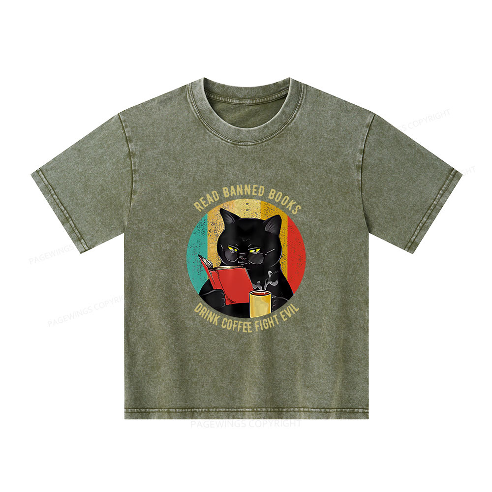 Pagewings Read Banned Books Drink Coffee Fight Evil Retro Cat Lovers Unisex Kids Washed T-shirt
