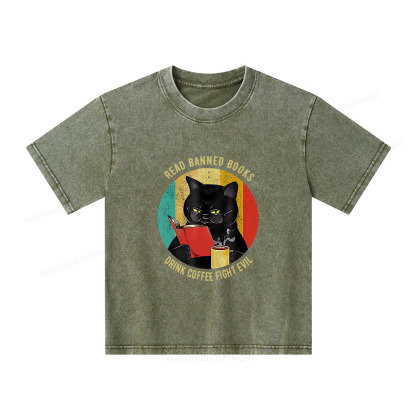 Pagewings Read Banned Books Drink Coffee Fight Evil Retro Cat Lovers Unisex Kids Washed T-shirt