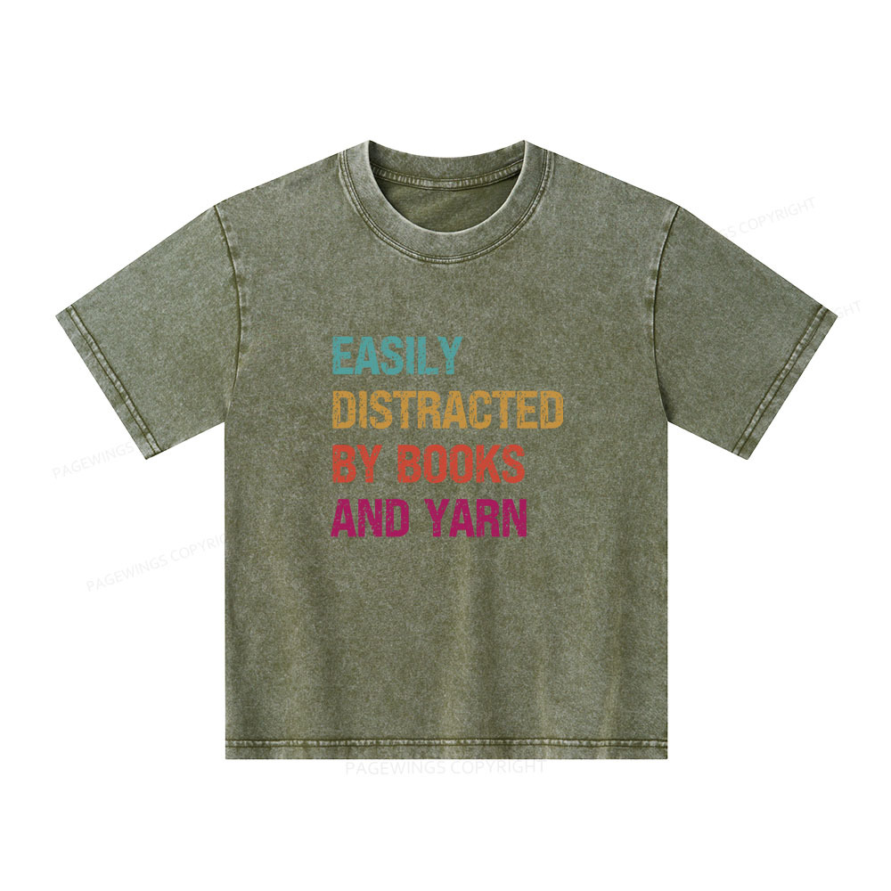 Pagewings Easily Distracted By Books And Yarn Unisex Kids Washed T-shirt