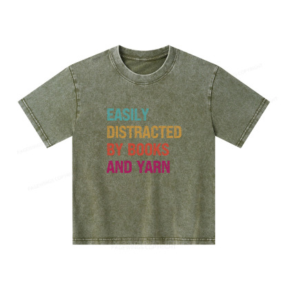 Pagewings Easily Distracted By Books And Yarn Unisex Kids Washed T-shirt