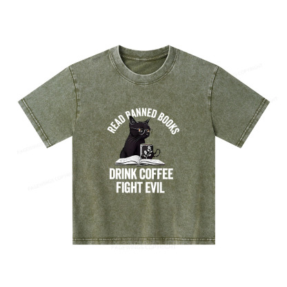 Pagewings Read Books Drink Coffee Fight Evil Unisex Kids Washed T-shirt