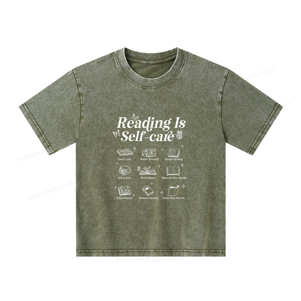 Pagewings Reading Is Self Care Unisex Kids Washed T-shirt