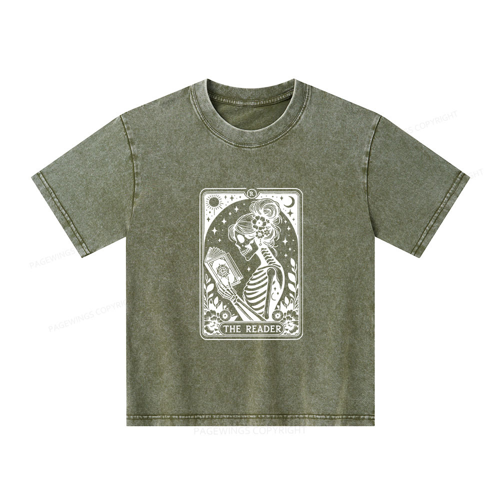 Pagewings Tarot Lover Gift Halloween Skeleton Tee Unisex Kids Washed T-shirt