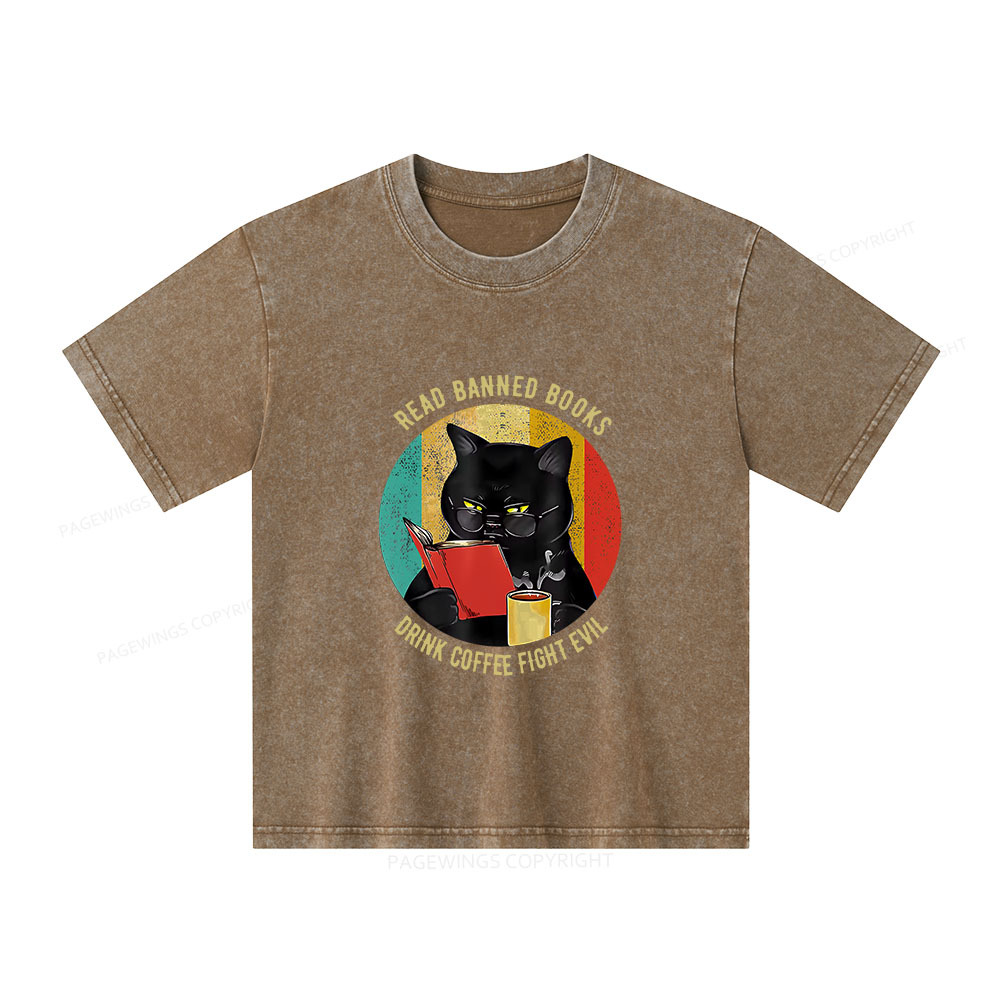 Pagewings Read Banned Books Drink Coffee Fight Evil Retro Cat Lovers Unisex Kids Washed T-shirt