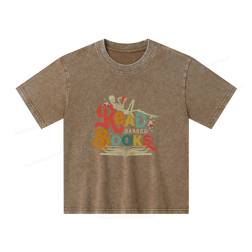 Pagewings Read Banned Books Unisex Kids Washed T-shirt