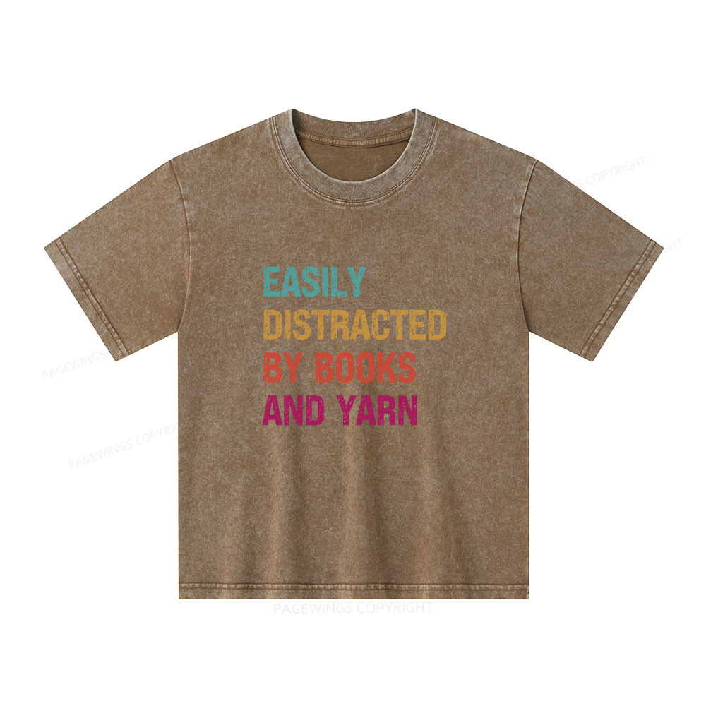 Pagewings Easily Distracted By Books And Yarn Unisex Kids Washed T-shirt