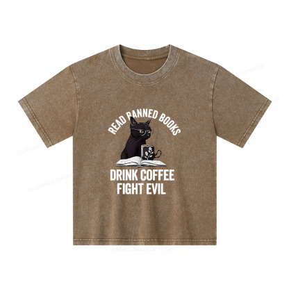 Pagewings Read Books Drink Coffee Fight Evil Unisex Kids Washed T-shirt