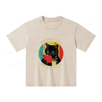 Pagewings Read Banned Books Drink Coffee Fight Evil Retro Cat Lovers Unisex Kids Washed T-shirt