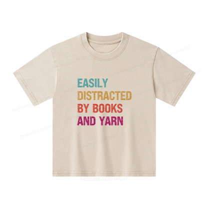 Pagewings Easily Distracted By Books And Yarn Unisex Kids Washed T-shirt