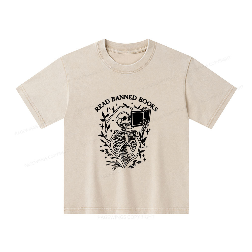 Pagewings Read Banned Books Skeleton Halloween Goth Protest Unisex Kids Washed T-shirt