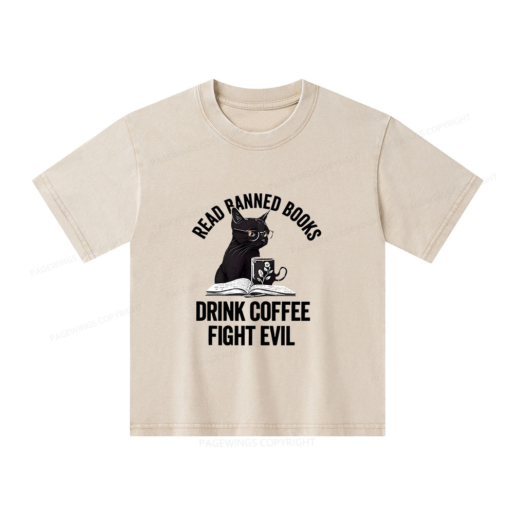 Pagewings Read Books Drink Coffee Fight Evil Unisex Kids Washed T-shirt