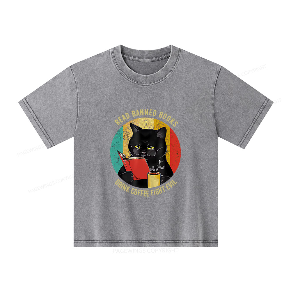 Pagewings Read Banned Books Drink Coffee Fight Evil Retro Cat Lovers Unisex Kids Washed T-shirt