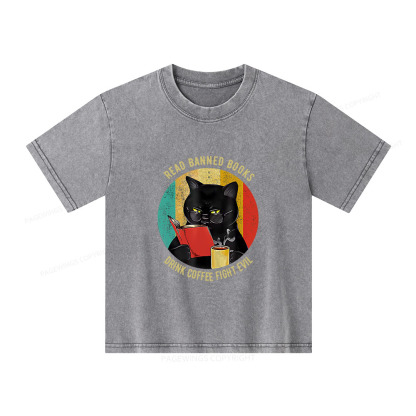 Pagewings Read Banned Books Drink Coffee Fight Evil Retro Cat Lovers Unisex Kids Washed T-shirt
