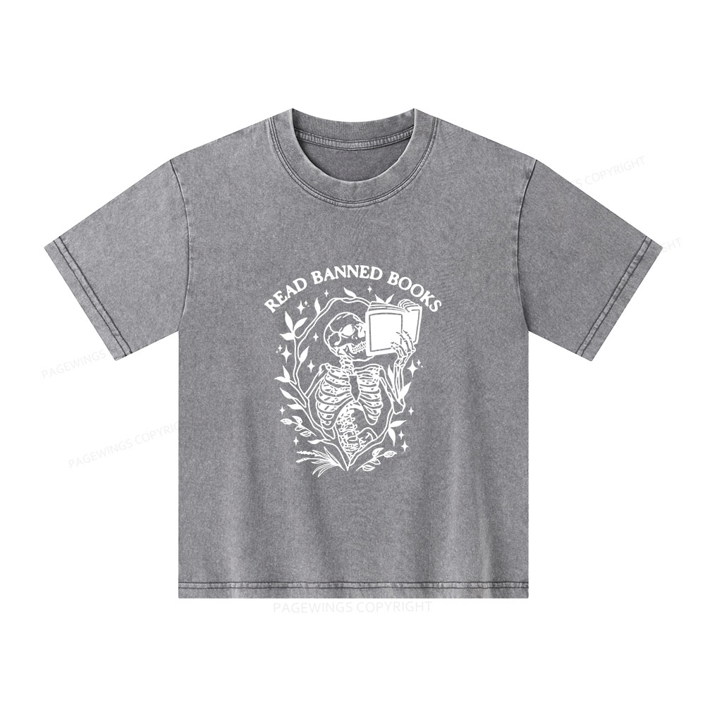 Pagewings Read Banned Books Skeleton Halloween Goth Protest Unisex Kids Washed T-shirt