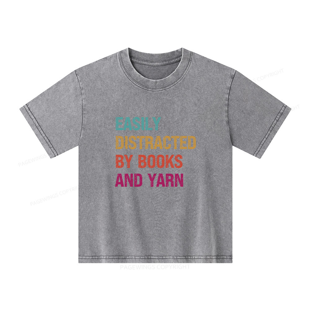Pagewings Easily Distracted By Books And Yarn Unisex Kids Washed T-shirt