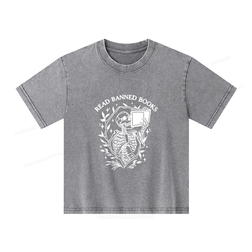 Pagewings Read Banned Books Skeleton Halloween Goth Protest Unisex Kids Washed T-shirt