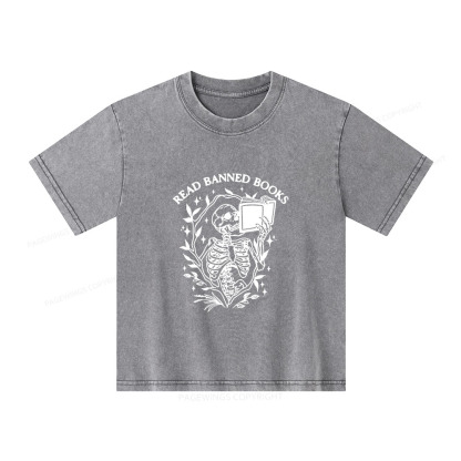 Pagewings Read Banned Books Skeleton Halloween Goth Protest Unisex Kids Washed T-shirt