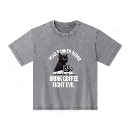 Pagewings Read Books Drink Coffee Fight Evil Unisex Kids Washed T-shirt