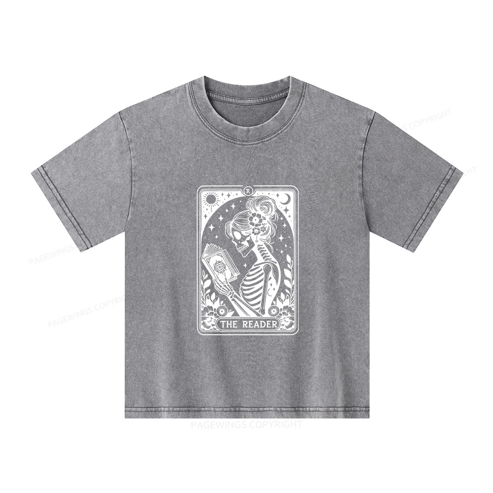 Pagewings Tarot Lover Gift Halloween Skeleton Tee Unisex Kids Washed T-shirt