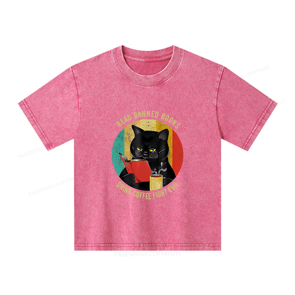 Pagewings Read Banned Books Drink Coffee Fight Evil Retro Cat Lovers Unisex Kids Washed T-shirt