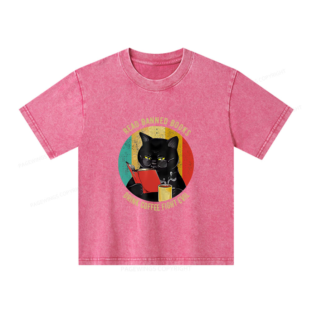 Pagewings Read Banned Books Drink Coffee Fight Evil Retro Cat Lovers Unisex Kids Washed T-shirt