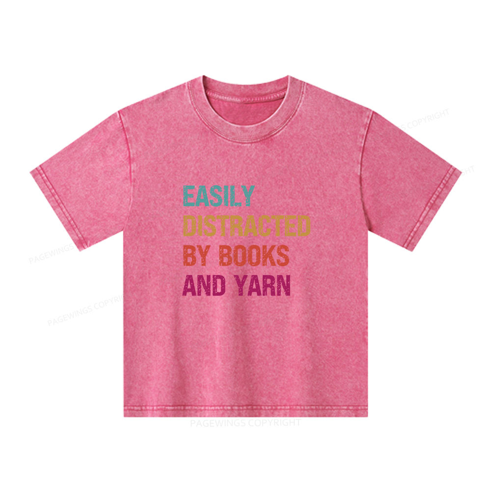 Pagewings Easily Distracted By Books And Yarn Unisex Kids Washed T-shirt