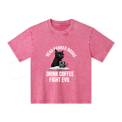 Pagewings Read Books Drink Coffee Fight Evil Unisex Kids Washed T-shirt
