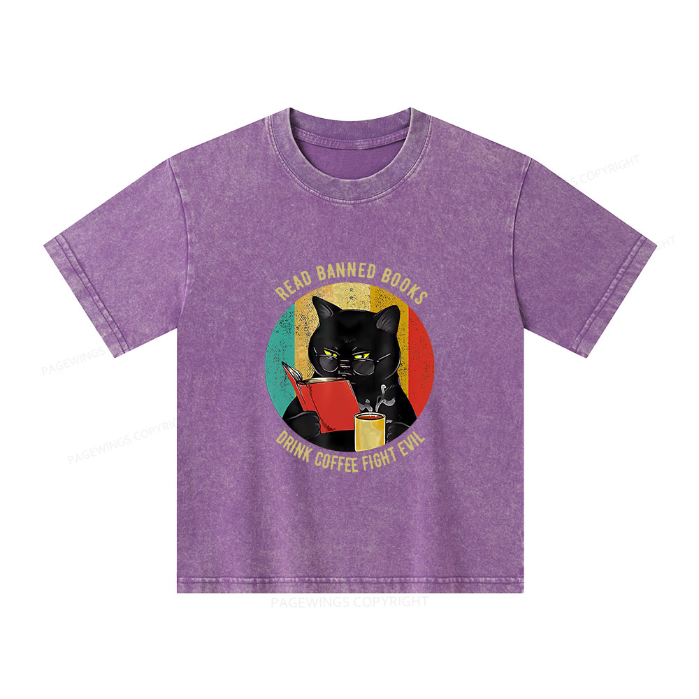 Pagewings Read Banned Books Drink Coffee Fight Evil Retro Cat Lovers Unisex Kids Washed T-shirt